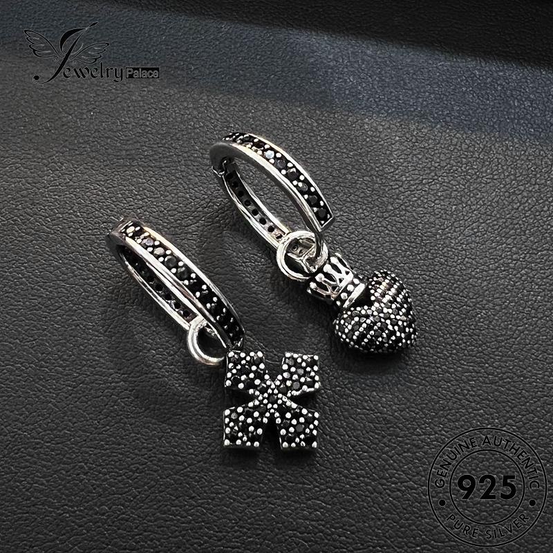 Perhiasanpalace Stud Love Hitam Perak Asimetris Asli Obsidian Wanita Anting Berlian925 E1206