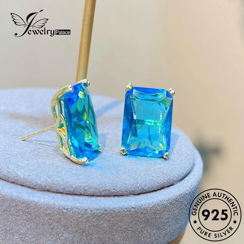 Jewelrypalace Anting Tusuk Perak925 Asli Persegi Wanita Aquamarine E1300