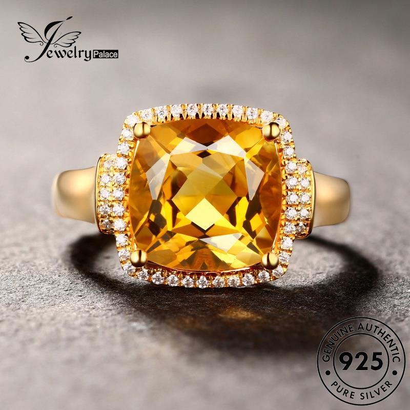 JEWELRYPALACE Aksesori korea Original 925 Sterling Kawin Asli Perak Cincin Nikah Silver Wanita Perhiasan Classic Square Murni Citrine Gold Silver R405