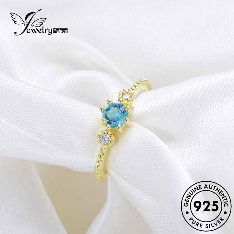 JEWELRYPALACE Wanita Original Sterling Gold Nikah Cincin Murni Perak Kawin Fashion Asli korea Aquamarine Aksesori Perhiasan 925 Silver Silver R352