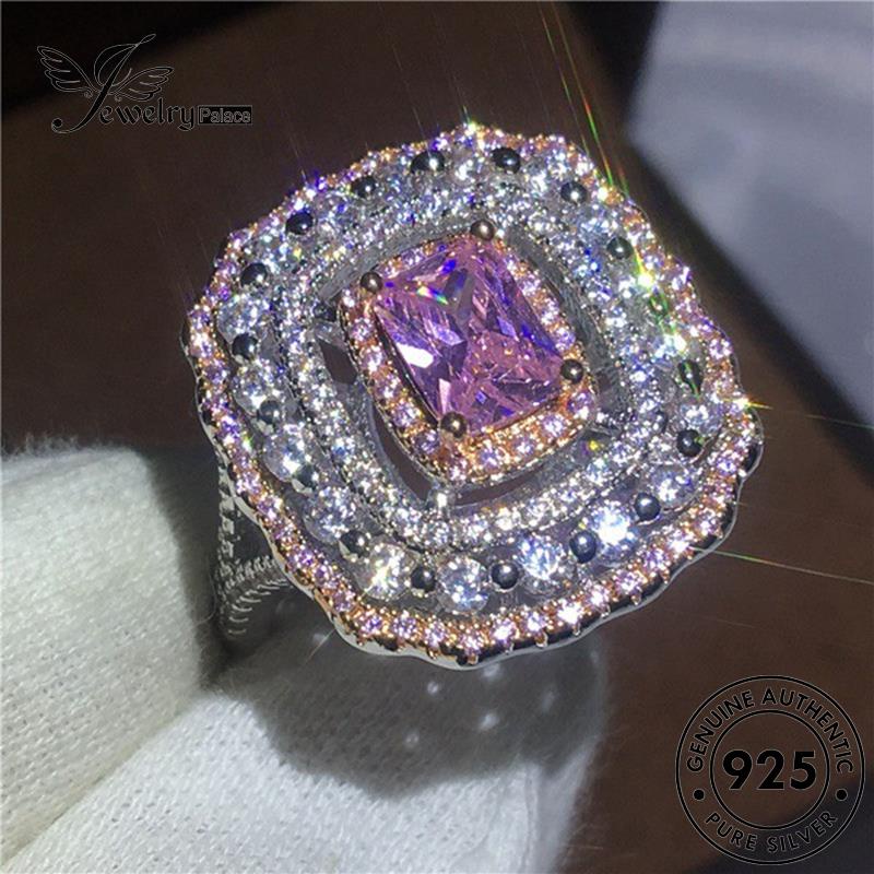 JEWELRYPALACE 925 Diamond Silver Perak Perhiasan Cincin Original Aksesori Square korea Wanita Personality Murni Silver Nikah Asli Sterling Kawin Crystal Pink R1157