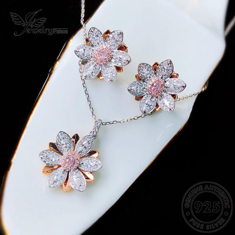 Jewelrypalace Berlian Pink Kristal Teratai Temperamen925 Perak Asli Wanita Kalung Set S169
