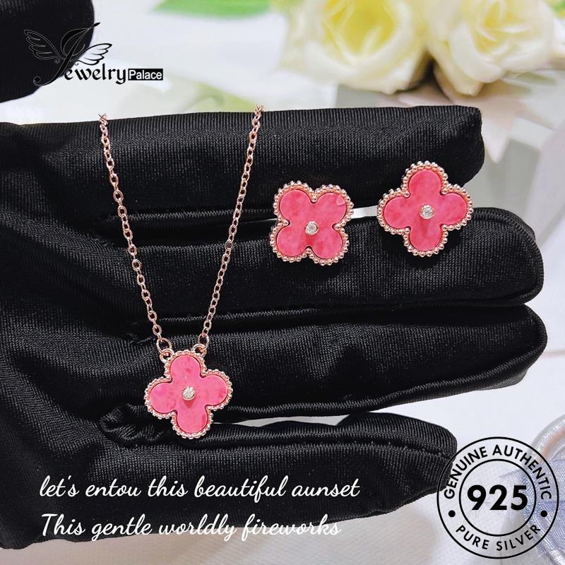 Jewelrypalace925 Emas Kristal Silver Pink Clover Lucu Wanita Berlian Set Asli Kalung Empat Daun S242