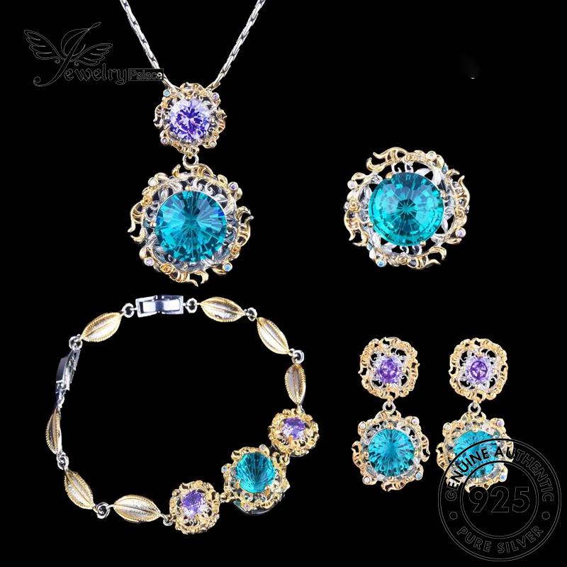 Jewelrypalace 925set Wanita Bulat Asli Kalung Safir Perak Mewah S255