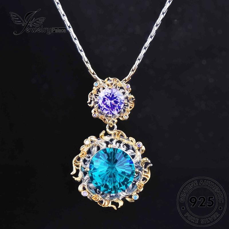 Jewelrypalace 925set Wanita Bulat Asli Kalung Safir Perak Mewah S255