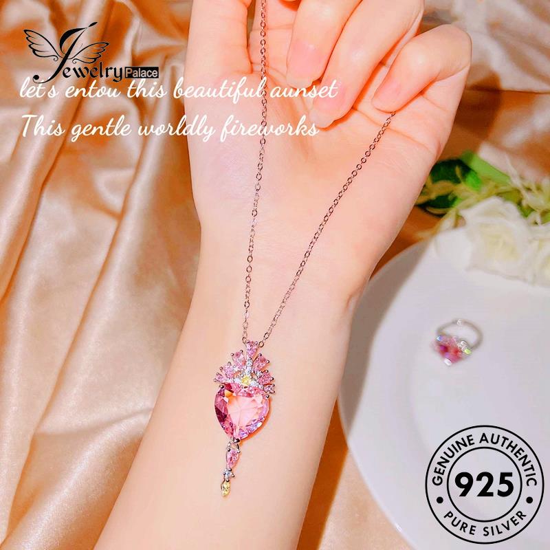 Jewelrypalace Set Hati Asli Kalung Lucu Berlian Kristal Wanita Silver Pink925 S287
