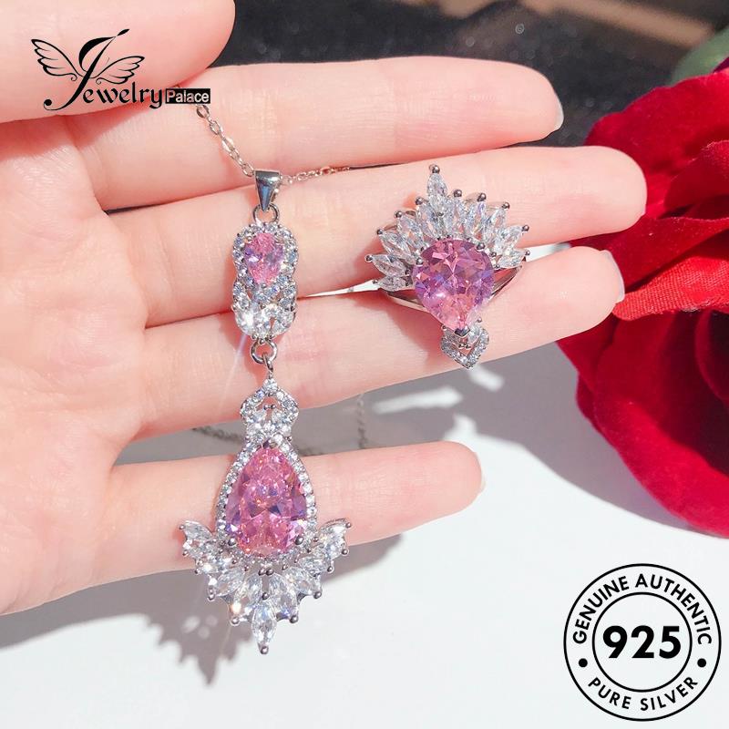 Perhiasantempat Set Wanita925Kalung Mewah Perak Berlian Asli Pink Kristal S314