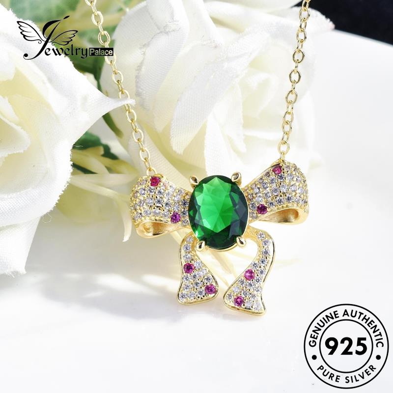 Jewelrypalace 925set Fashion Wanita Emerald Original Kalung Busur Perak S366