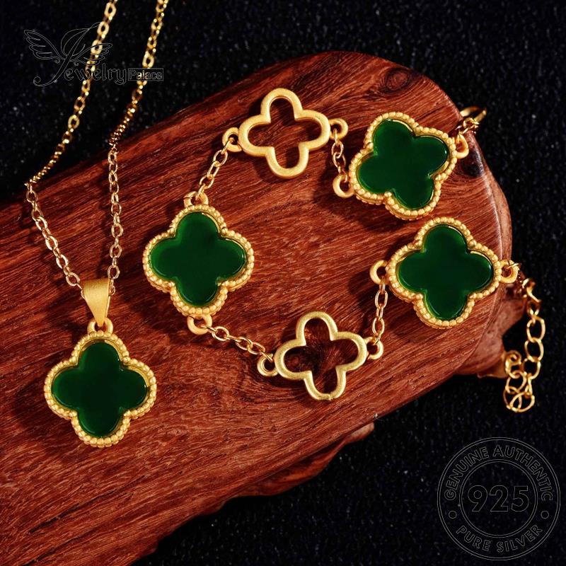 Perhiasantempat Wanita Kalung Clover925 Perak Vintage Emerald Asli Set S384