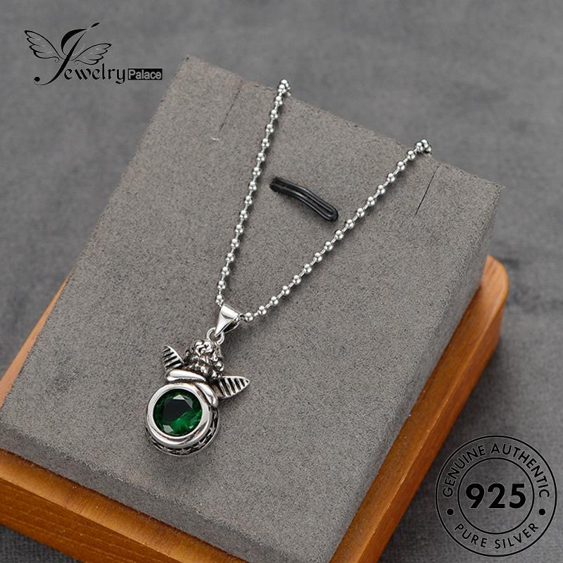 Perhiasantempat Wanita Vintage Emerald Kalung Perak Cherub Asli925 N39