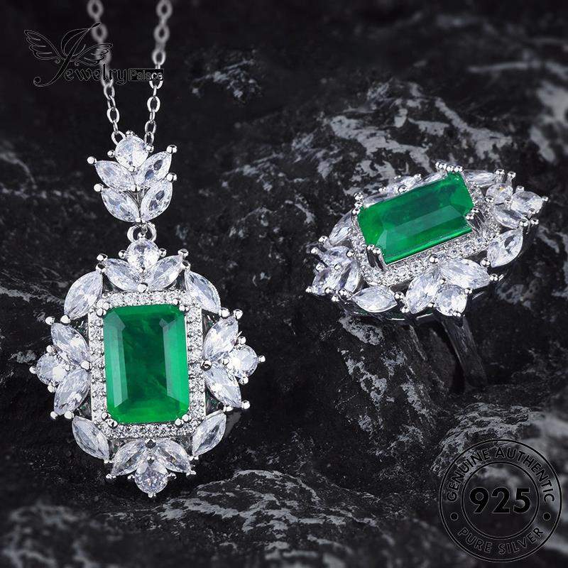 Tempat Perhiasan Wanita925 Kalung Set Persegi Asli Perak Emerald S631