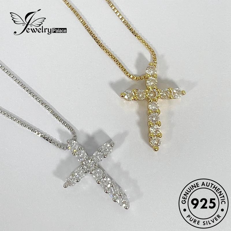 Jewelrypalace Emas Asli Fashion Wanita925 Berlian Perak Kalung Salib Moissanite N1110