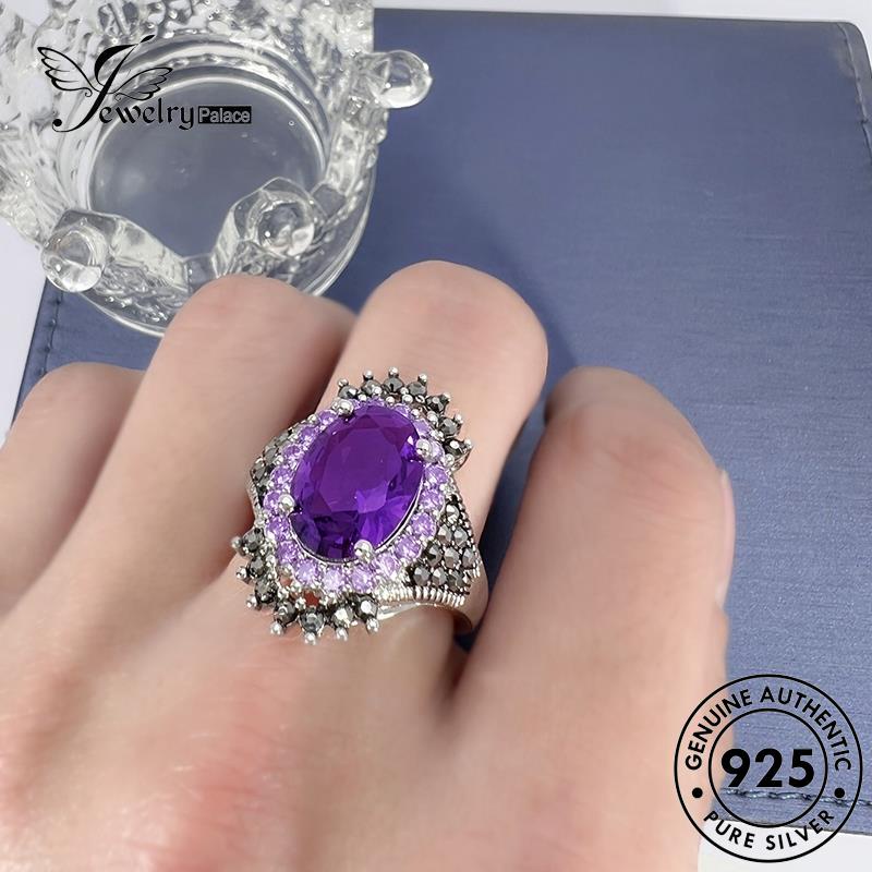 Tempat Perhiasan Wanita Vintage Perak Asli925 Cincin Amethyst R1704