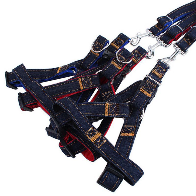 Denim Dog Harnesses Leash Nylon Collar Rope Adjustable Training Pet Lead Leashes Harness Untuk Anjing Kucing Hewan Peliharaan Set Perlengkapan