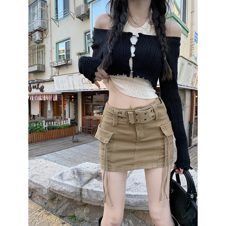 Red American retro denim tooling rok perempuan musim panas hot gadis rok mini khaki A-line rok tas pinggul rok rok