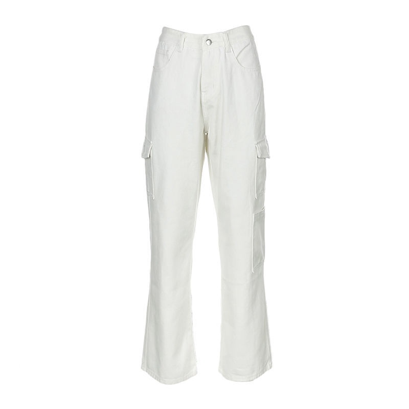 Red IAMHOTTY American-style high street style cool cover girl street shooting tooling jeans pocket loose slim high waist trousers