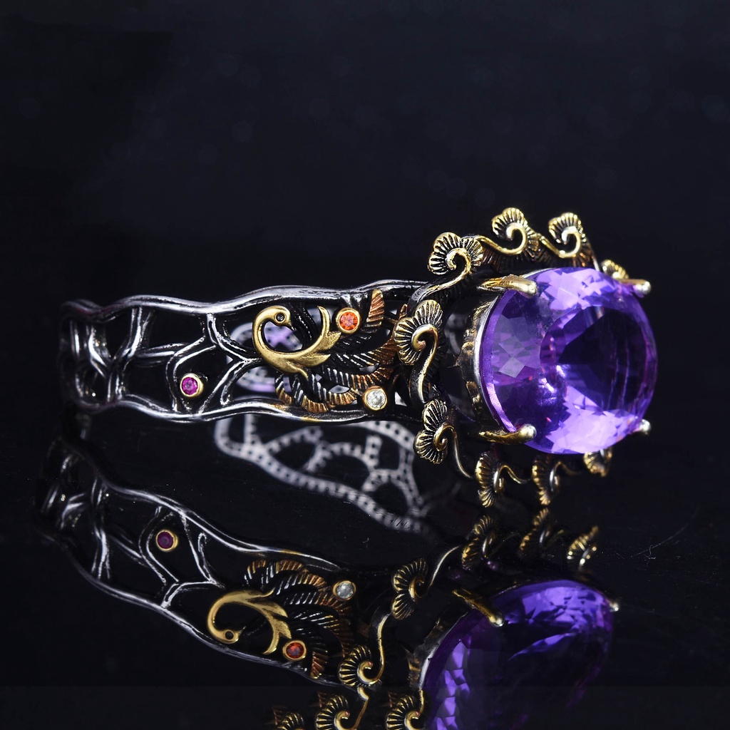 Goldkingdom Fashion Perhiasan Aksesoris Ready Stock Gaya Istana Antik Berongga Keluar Bunga Sutra Violet Merak Gelang Thai Perak Hitam Two Tone Bracelet