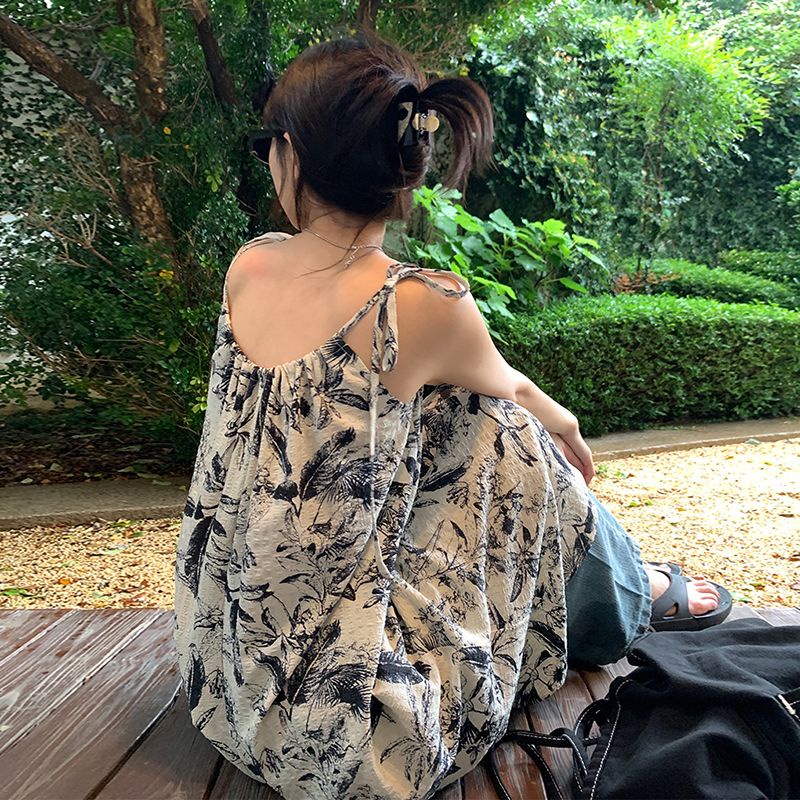 Gaya cina ceruk retro pencetakan tinta rok selempang musim panas bersalin rok mid-length gaun longgar pasang perempuan