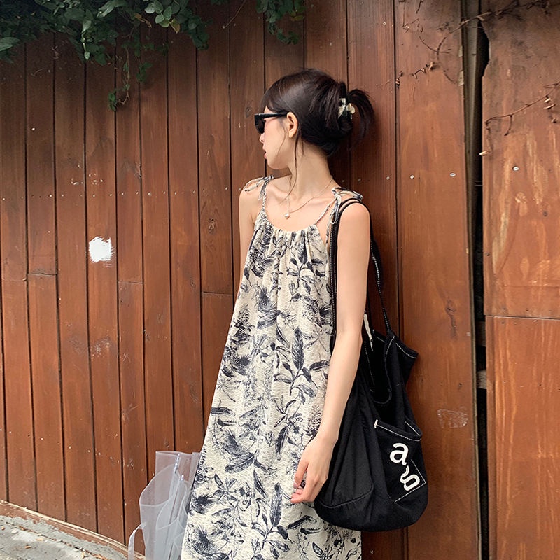 Gaya cina ceruk retro pencetakan tinta rok selempang musim panas bersalin rok mid-length gaun longgar pasang perempuan