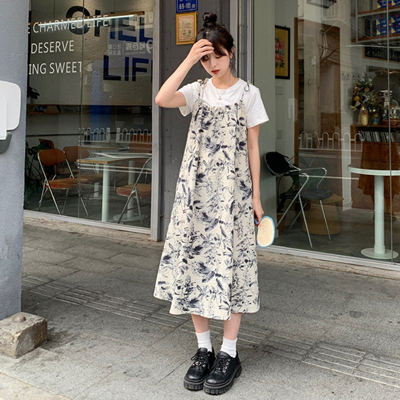 Gaya cina ceruk retro pencetakan tinta rok selempang musim panas bersalin rok mid-length gaun longgar pasang perempuan