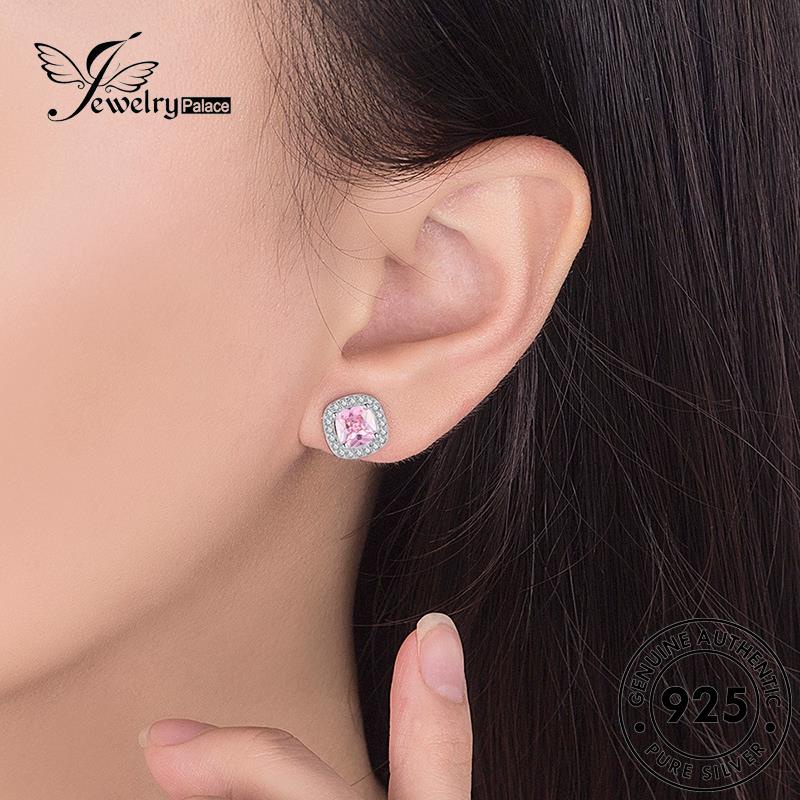 Jewelrypalace Wanita Anting Perak925 Kristal Stud Berlian Persegi Kepribadian Asli Pink E99