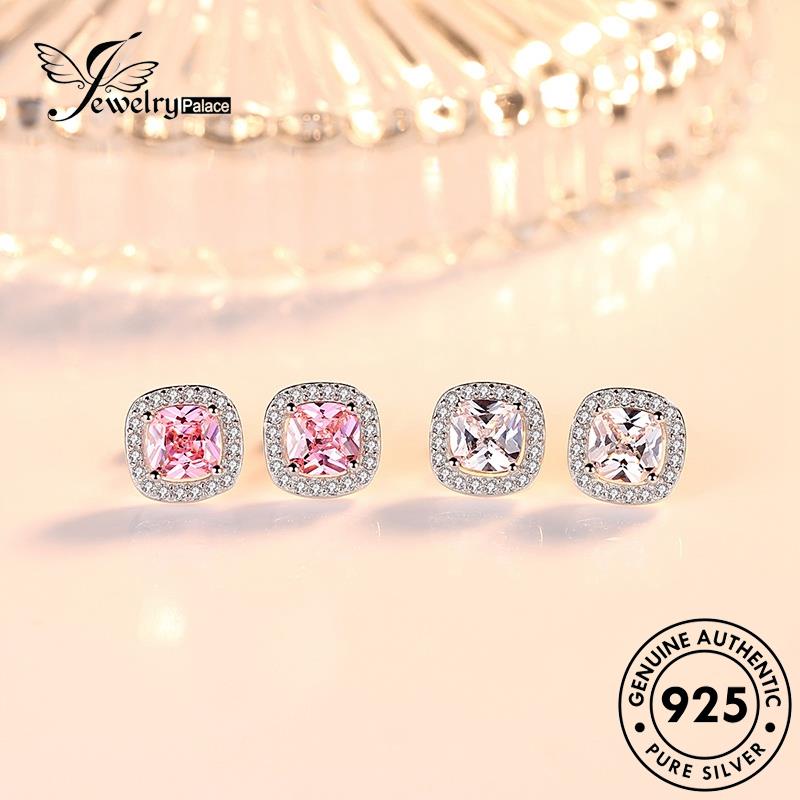 Jewelrypalace Wanita Anting Perak925 Kristal Stud Berlian Persegi Kepribadian Asli Pink E99