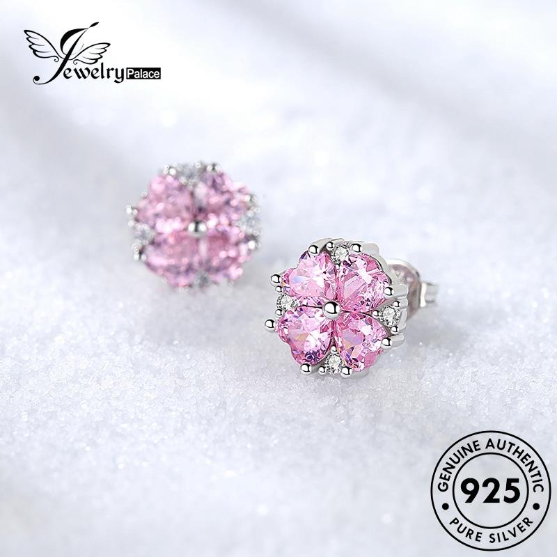 Jewelrypalace Shaped Earrings Berlian925 Wanita Bunga Pink Stud Hati Kristal Perak Asli E213