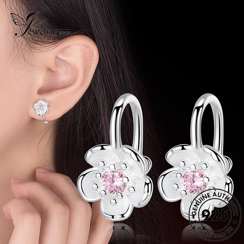 Perhiasantempat Wanita Bunga Anting Asli Berlian Kristal925 Cute Stud Silver Pink E456