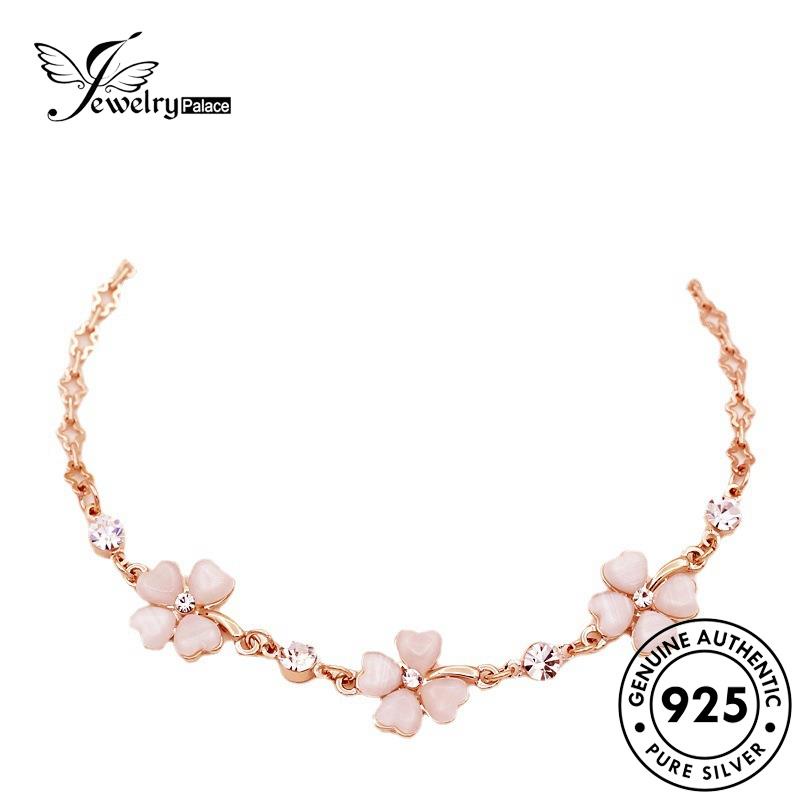 Jewelrypalace Daun Asli Wanita Clover Gold925 Four Pink Silver Gelang Berlian Kristal B3