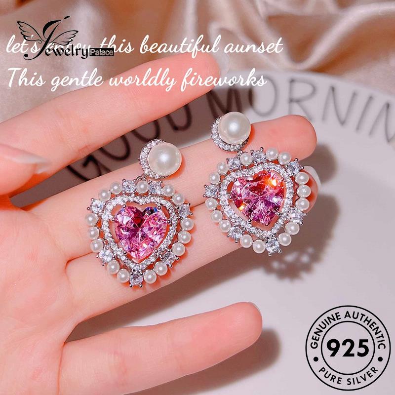 Jewelrypalace Anting Perak Pink Stud Love Berlian Kristal Asli Wanita925 E1004