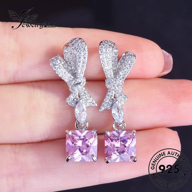 Jewelrypalace Perak Stud Tie Asli Busur Wanita925 Anting Kristal Berlian Pink E1303