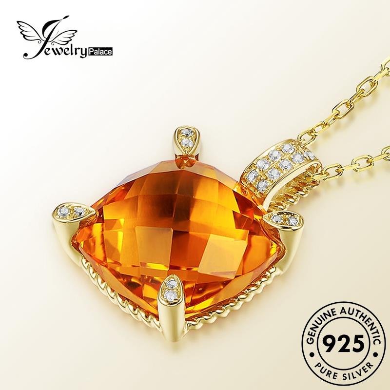 Perhiasantempat Wanita Citrine Emas Asli Berlian925 Kalung Perak Fashion Square N526