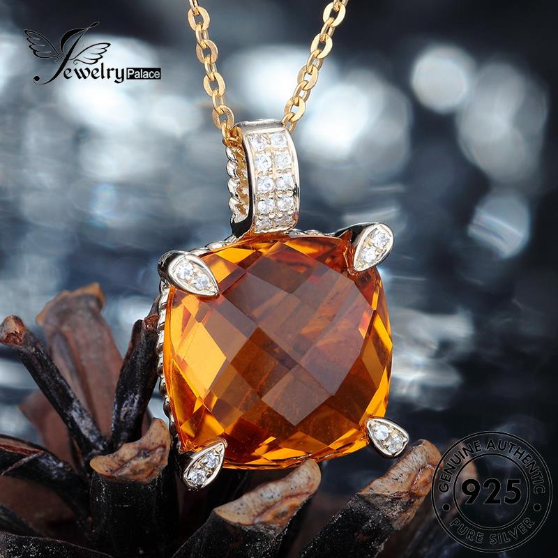 Perhiasantempat Wanita Citrine Emas Asli Berlian925 Kalung Perak Fashion Square N526