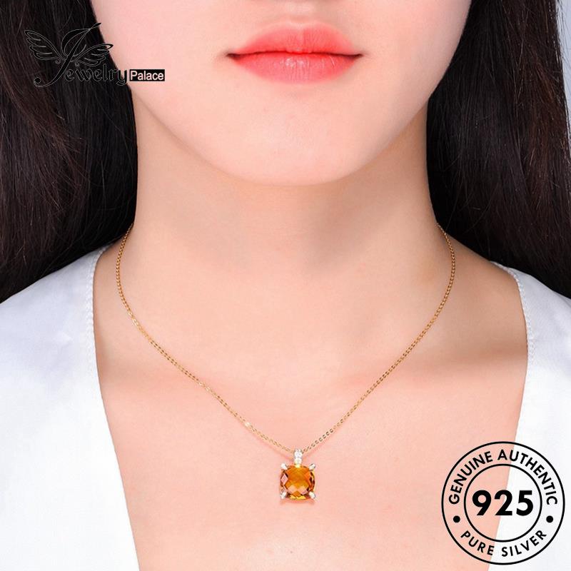 Perhiasantempat Wanita Citrine Emas Asli Berlian925 Kalung Perak Fashion Square N526