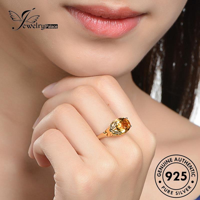 JEWELRYPALACE Aksesori Wanita Cincin Murni Oval Nikah Asli Gold Silver Citrine 925 Silver Original Sterling Kawin Perhiasan Perak korea Personality R201