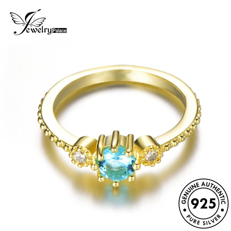 JEWELRYPALACE Wanita Original Sterling Gold Nikah Cincin Murni Perak Kawin Fashion Asli korea Aquamarine Aksesori Perhiasan 925 Silver Silver R352