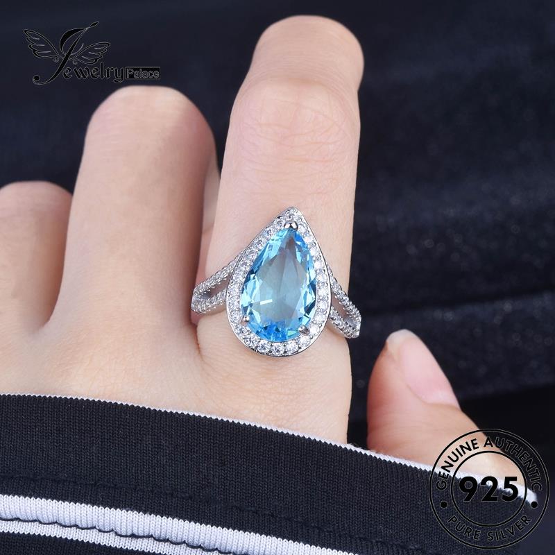 JEWELRYPALACE Aksesori Murni Wanita Asli Perak Original Cincin Kawin Shape 925 Silver korea Sterling Nikah Pear Aquamarine Perhiasan Classic Silver R2159