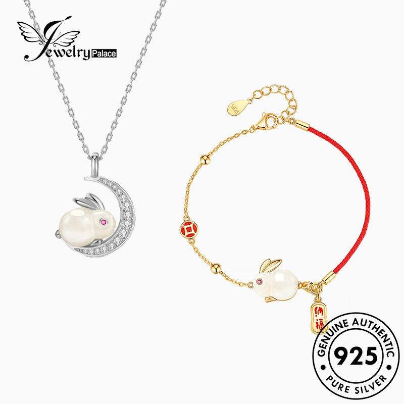 Jewelrypalace Set Kelinci Perak Lucu Giok Wanita Emas Asli925 Kalung S200