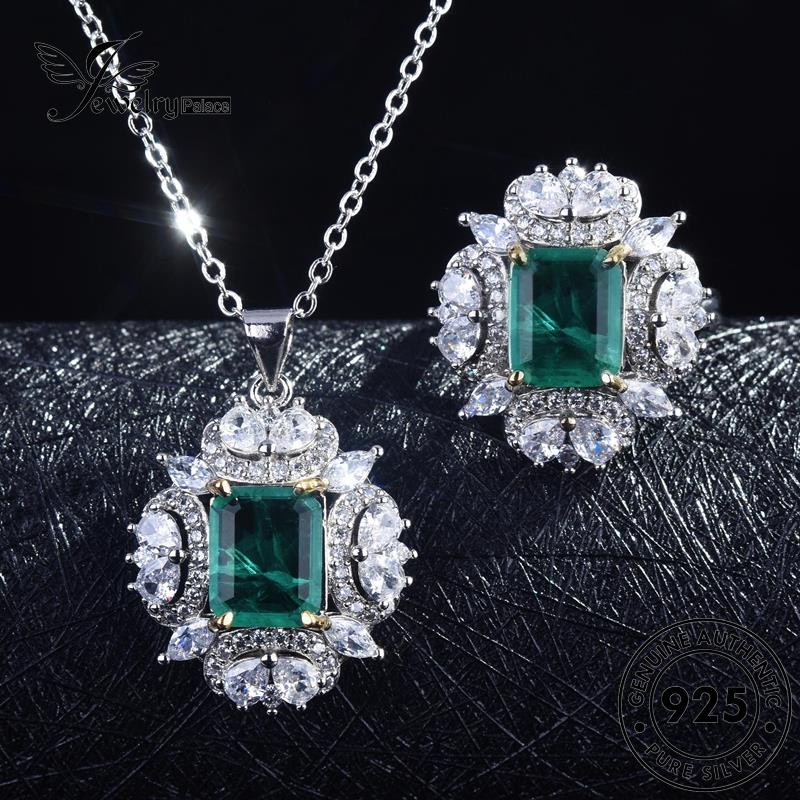 Perhiasanpalace Set Persegi Asli925 Kalung Perak Fashion Zamrud Wanita S335