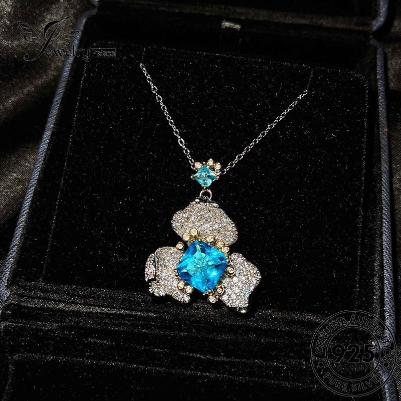 Jewelrypalace Temperamen Asli925 Wanita Perak Kalung Aquamarine Set Bunga S418
