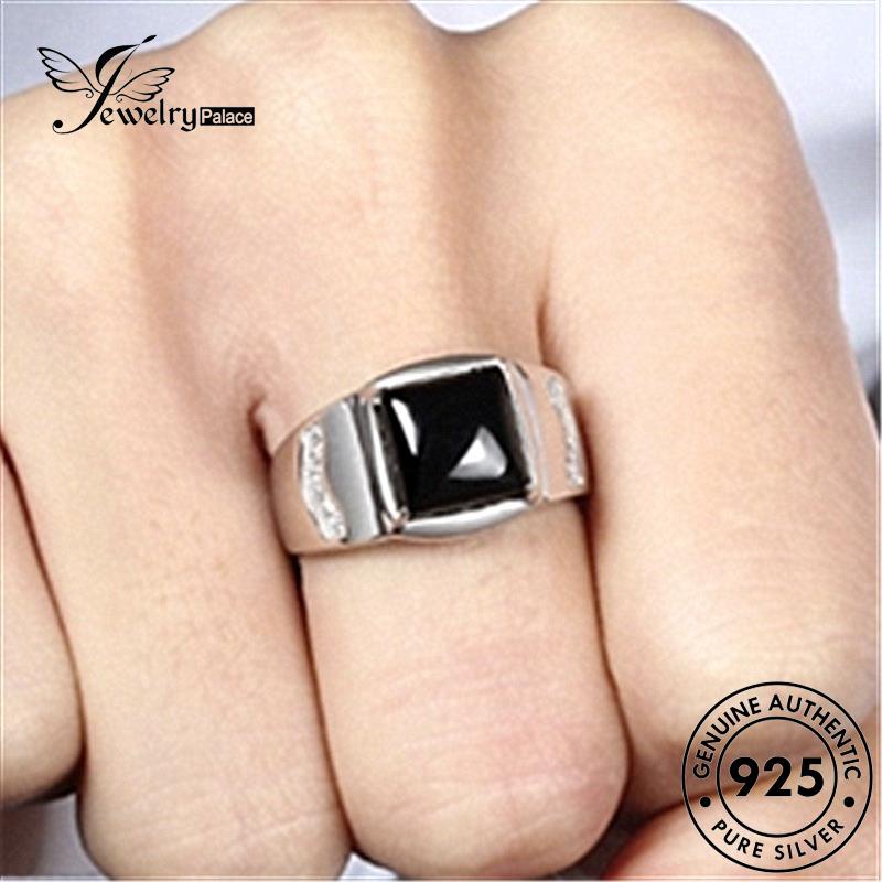 Perhiasantempat Berlian Pria Asli Mendominasi Cincin Hitam925 Perak Obsidian Kotak R33