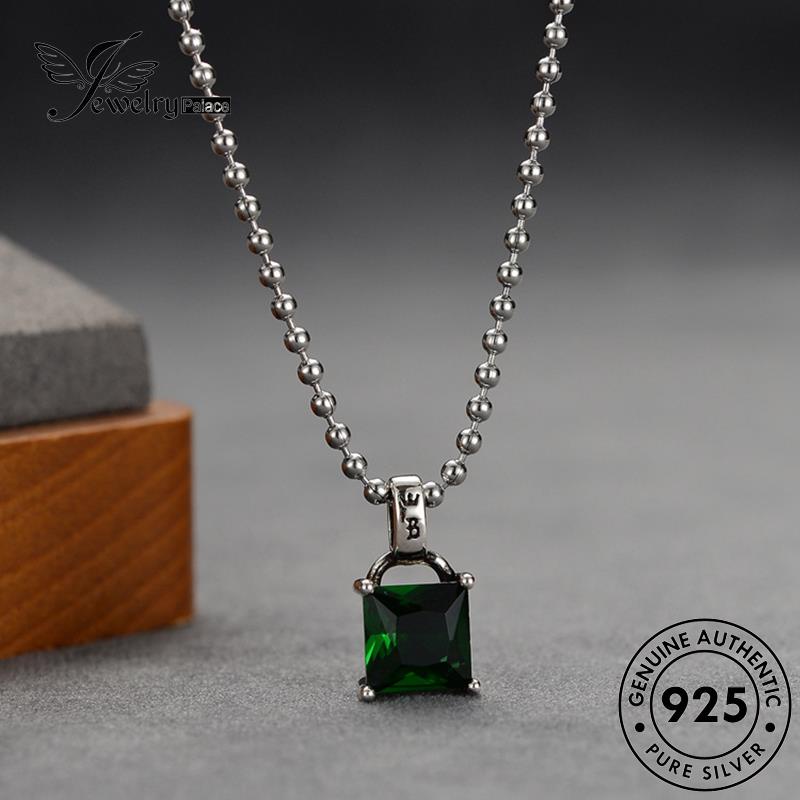 Tempat Perhiasan Wanita Asli Persegi Berlian925 Perak Emerald Kalung Simple N38