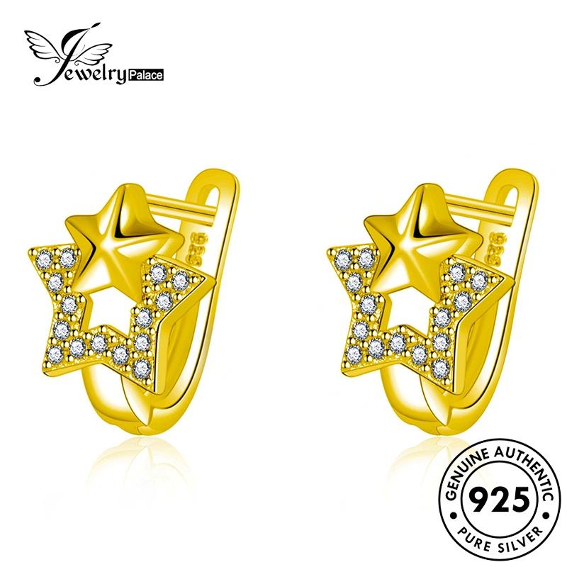 Jewelrypalace Anting Wanita Hoop Berlian Moissanite925 Pentagram Perak Emas Asli E720