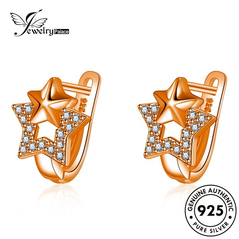 Jewelrypalace Anting Wanita Hoop Berlian Moissanite925 Pentagram Perak Emas Asli E720