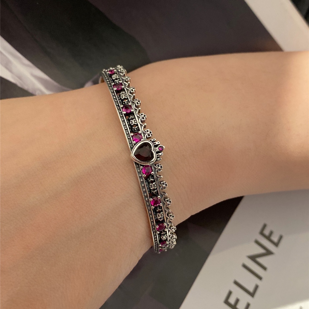 Goldkingdom Fashion Perhiasan Aksesoris Ready Stock Retro Thai Perak Buatan Tua Warna-Warni Zirkon Salib Mahkota Cinta Wanita Ringan Mewah Gelang