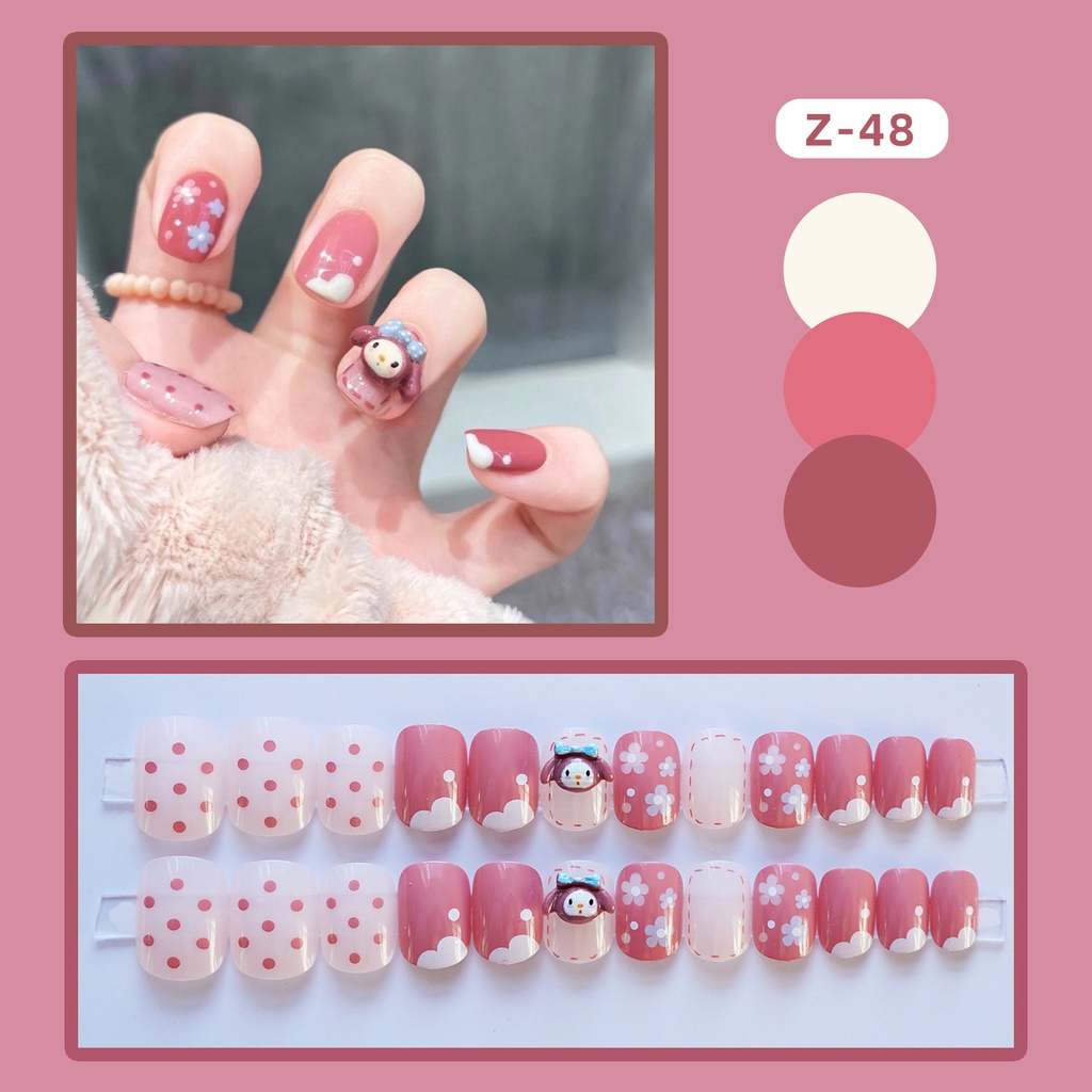 24pcs/set Kuku Palsu DIY Kuku Palsu Pendek Lucu Kartun Gadis Kecil Nail Art Tips Dengan Jelly Gel