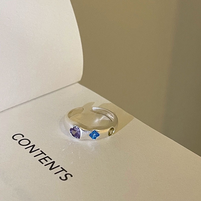 S925 Perak Cincin Terbuka Warna Zirkon Hati Bintang Jari Telunjuk Rings Perempuan