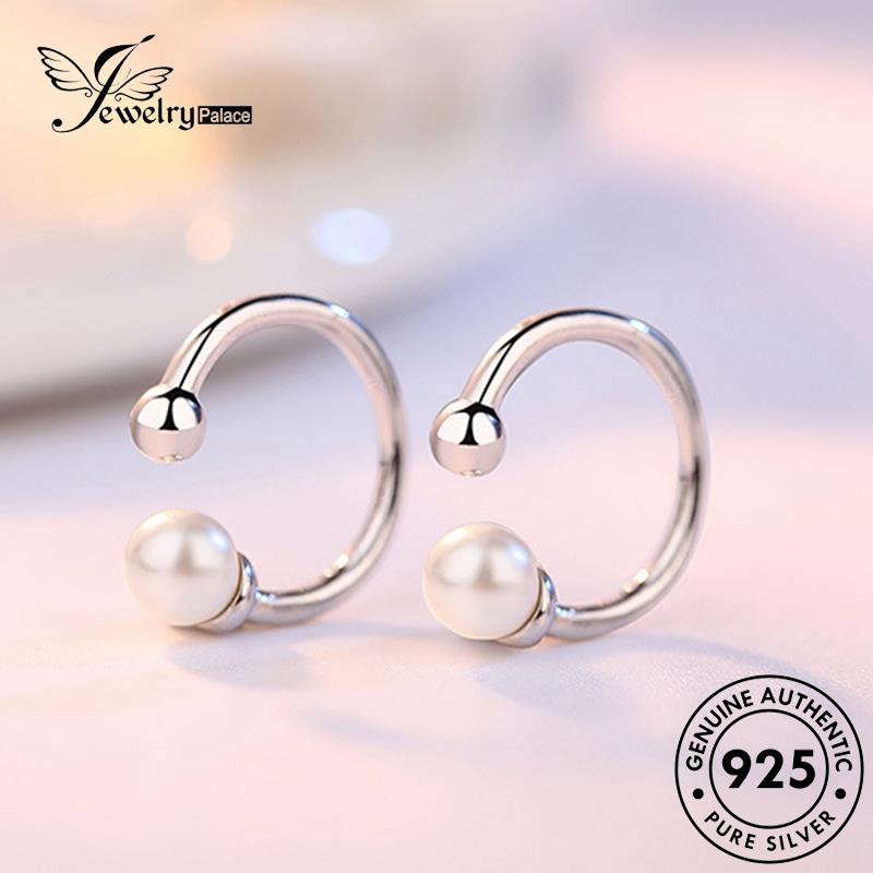 Jewelrypalace Mutiara925Bulat Simple Wanita Asli Anting Hoop Beads Perak E409