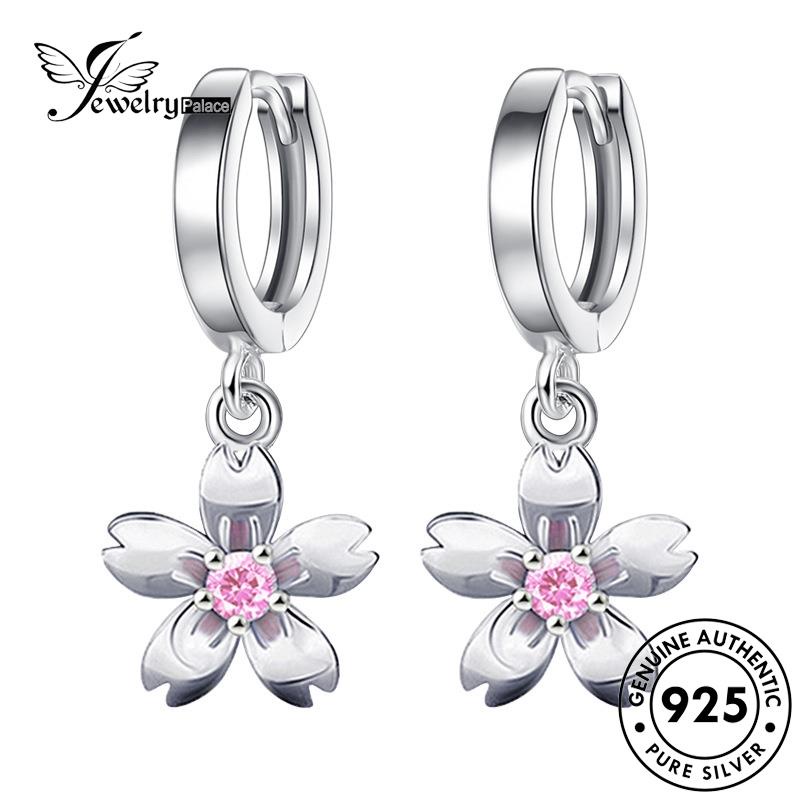 Jewelrypalace Hoop Bunga Wanita Pink Kristal Perak Berlian Simple925 Anting Asli E382