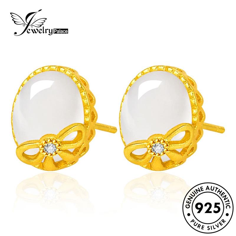 Jewelrypalace Stud Wanita Anting Perak Bow Gold Retro Giok Asli925 E726